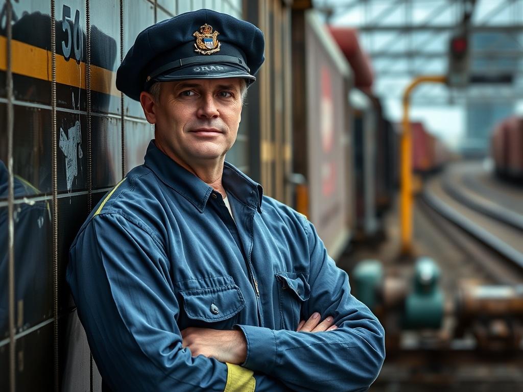 A close-up shot of a certified freight train conductor in uniform, confidently standing next to a freight train in a busy rail yard. The conductor is focused and attentive, with a backdrop of freight cars and tracks, showcasing the importance of timely freight delivery. The image should capture the conductor's professionalism and the bustling environment of the rail yard, emphasizing the vital role of conductors in the transportation industry.