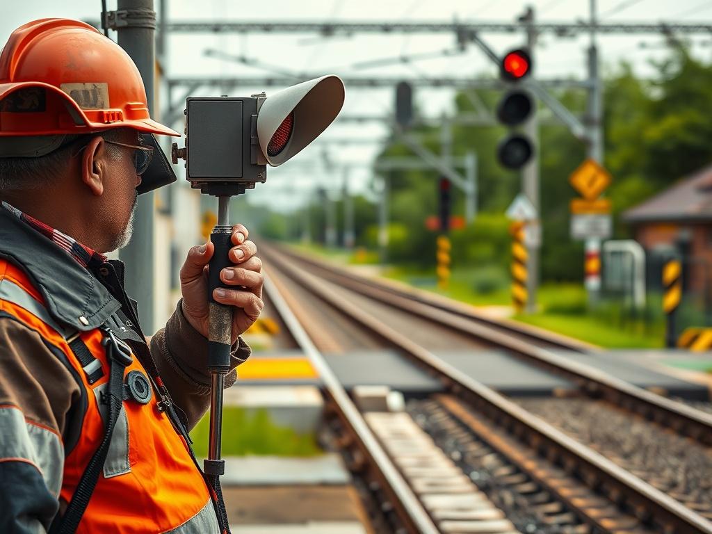 A signal maintainer diligently inspecting a railway signal at a