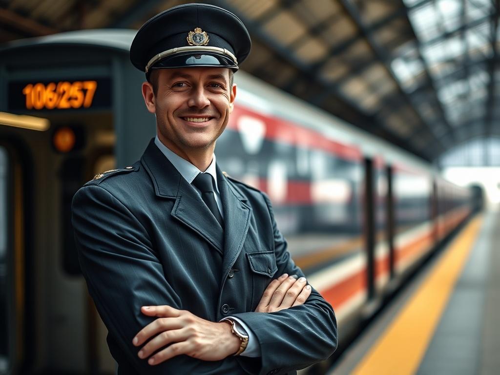 A close-up photo of a professional train conductor in uniform, standing confidently on a train platform, with a train in the background. The conductor is smiling and looking towards the camera, showcasing a sense of pride and professionalism. The background is slightly blurred to emphasize the conductor, with the train and platform details visible. The image has a color palette that complements the primary color #062767.