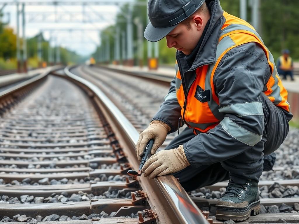 A detailed close-up image of a track maintenance worker in uniform, actively inspecting and maintaining railway tracks. The worker is using tools and is surrounded by a well-maintained track environment. The image should convey a sense of diligence and professionalism, with vivid details that reflect the importance of rail safety. The colors in the image should align with the primary color #062767.