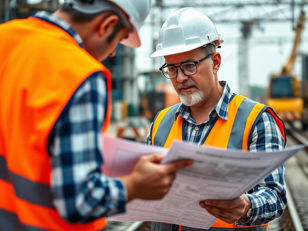 A high-resolution close-up shot of a railway engineer inspecting blueprints on a construction site, wearing a hard hat and safety vest. The engineer is deeply focused on the plans, with construction machinery and site activities visible in the background. This image captures the professionalism and dedication of railway engineers. The colors of the image should harmonize with the primary color #062767.