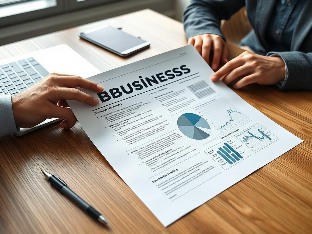 A close-up shot of a business plan document on a wooden desk, with a pair of hands reviewing the plan, surrounded by a laptop and a pen. The setting is a modern office with soft natural lighting, creating a professional atmosphere.