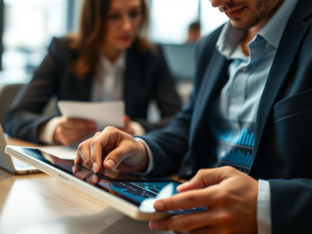 A close-up shot of a person analyzing market data on a tablet, with charts and graphs displayed. The background should be a modern office environment with a few blurred colleagues working in the background, showcasing a collaborative atmosphere.
