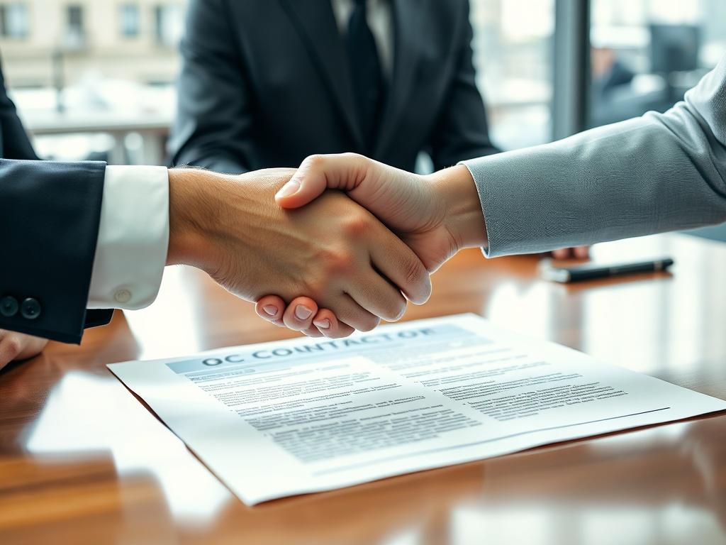 A close-up shot of a handshake between two business people over a contract document on a table, symbolizing partnership and agreement. The background shows a sleek office environment, emphasizing professionalism and trust.