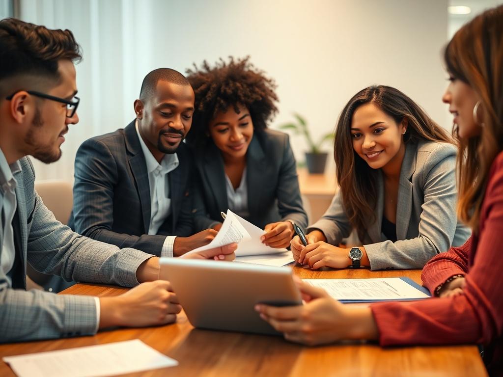 A close-up shot of a diverse group of professionals engaged in a discussion around a table, with documents and a laptop open, symbolizing collaboration and investment. The background should be softly blurred to keep focus on the group, highlighting a warm and inviting atmosphere that encourages partnership and growth.