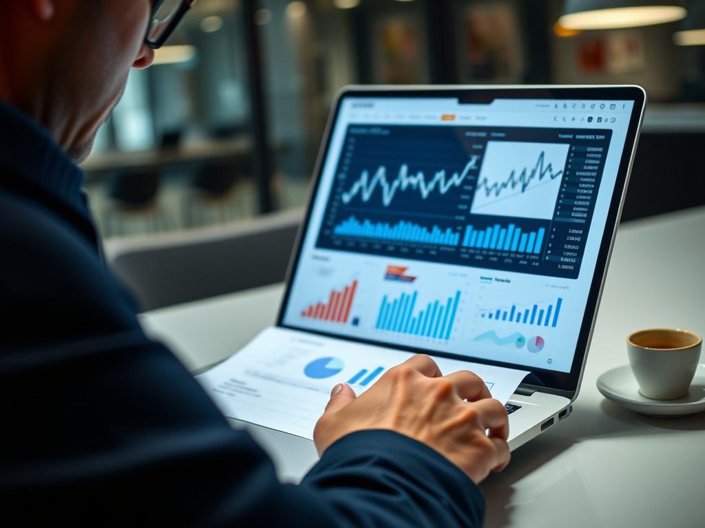 A close-up shot of a business professional reviewing a detailed report on a laptop, with graphs and financial data visible on the screen. The background should be a modern office setting, highlighting focus and attention to detail. The image should emphasize clarity and professionalism.