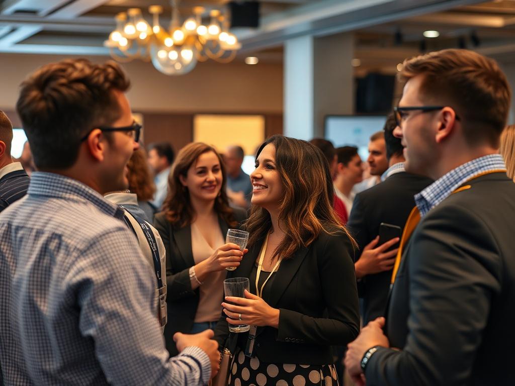 An inspiring image of a professional networking event with enthusiastic individuals engaging in conversations. The atmosphere is positive and energetic, showcasing professionals exchanging ideas and building connections, set in a well-decorated venue that reflects innovation and collaboration.