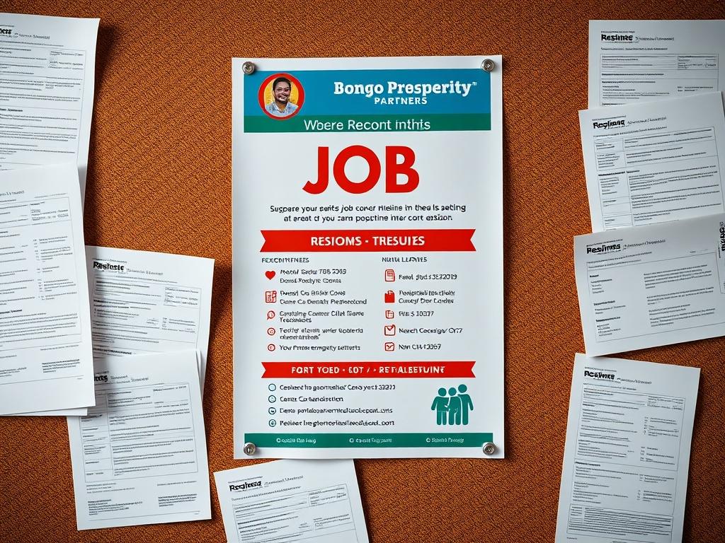 A close-up of a job recruitment poster on a bulletin board, surrounded by resumes and application forms. The focus should be on the vibrant colors of the poster, which highlights job opportunities at Bongo Prosperity Partners, making it visually appealing and engaging.
