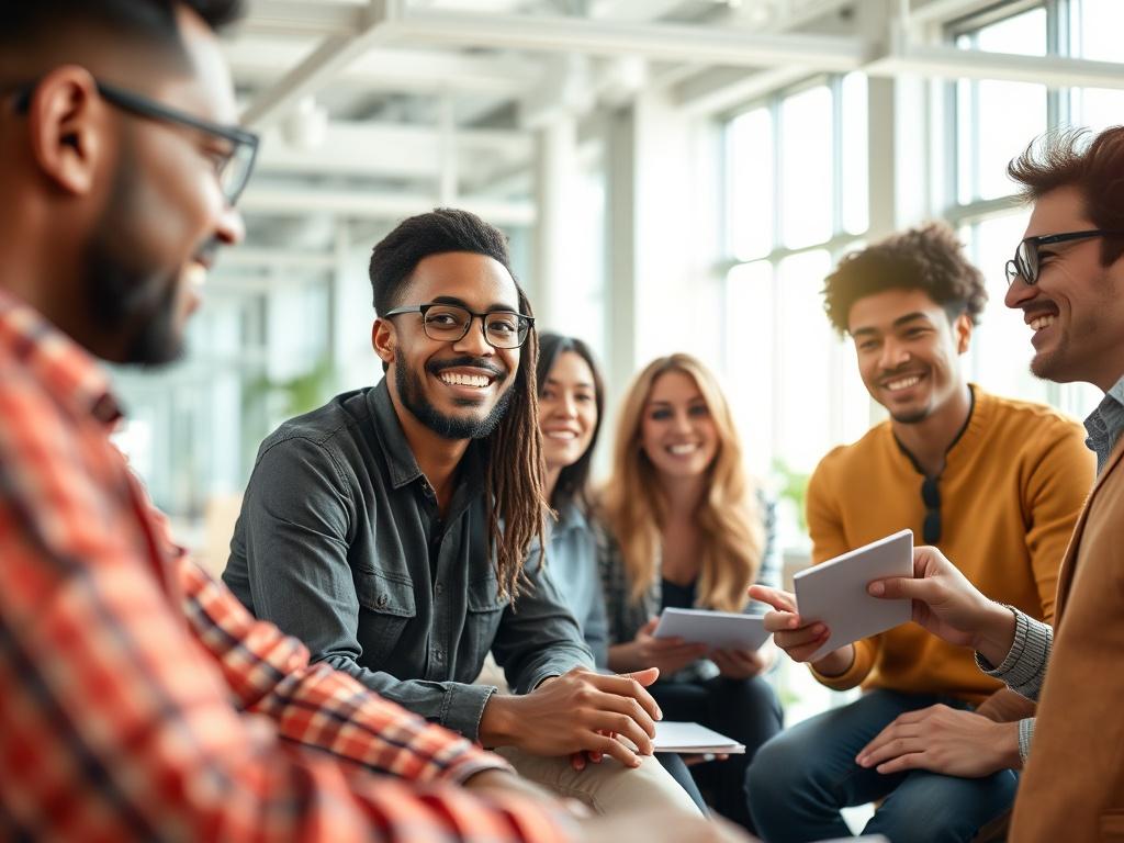 A dynamic team meeting in a modern office setting, showcasing diverse individuals collaborating and discussing ideas. The focus is on their engaged expressions and teamwork, with a backdrop of a bright, open workspace. The image should be vibrant and inviting, emphasizing a sense of community and innovation.