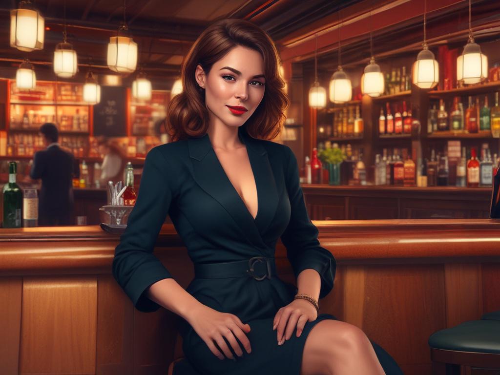 A stylish and confident escort in a classy outfit, seated