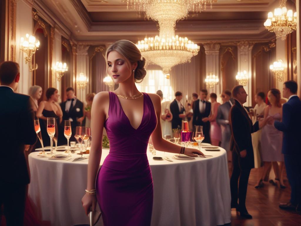 A glamorous escort mingling with guests at a lively upscale