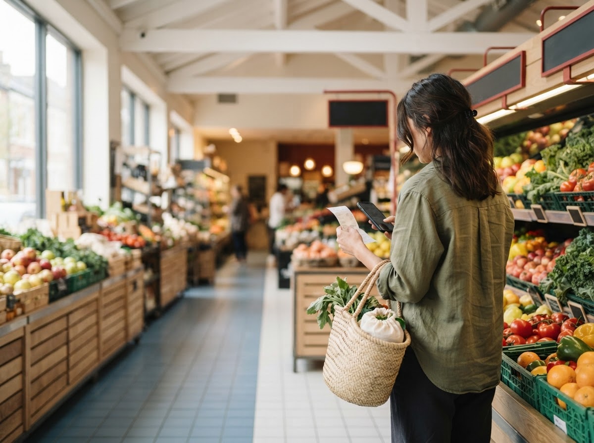 A shopper checking a receipt in a fresh produce aisle