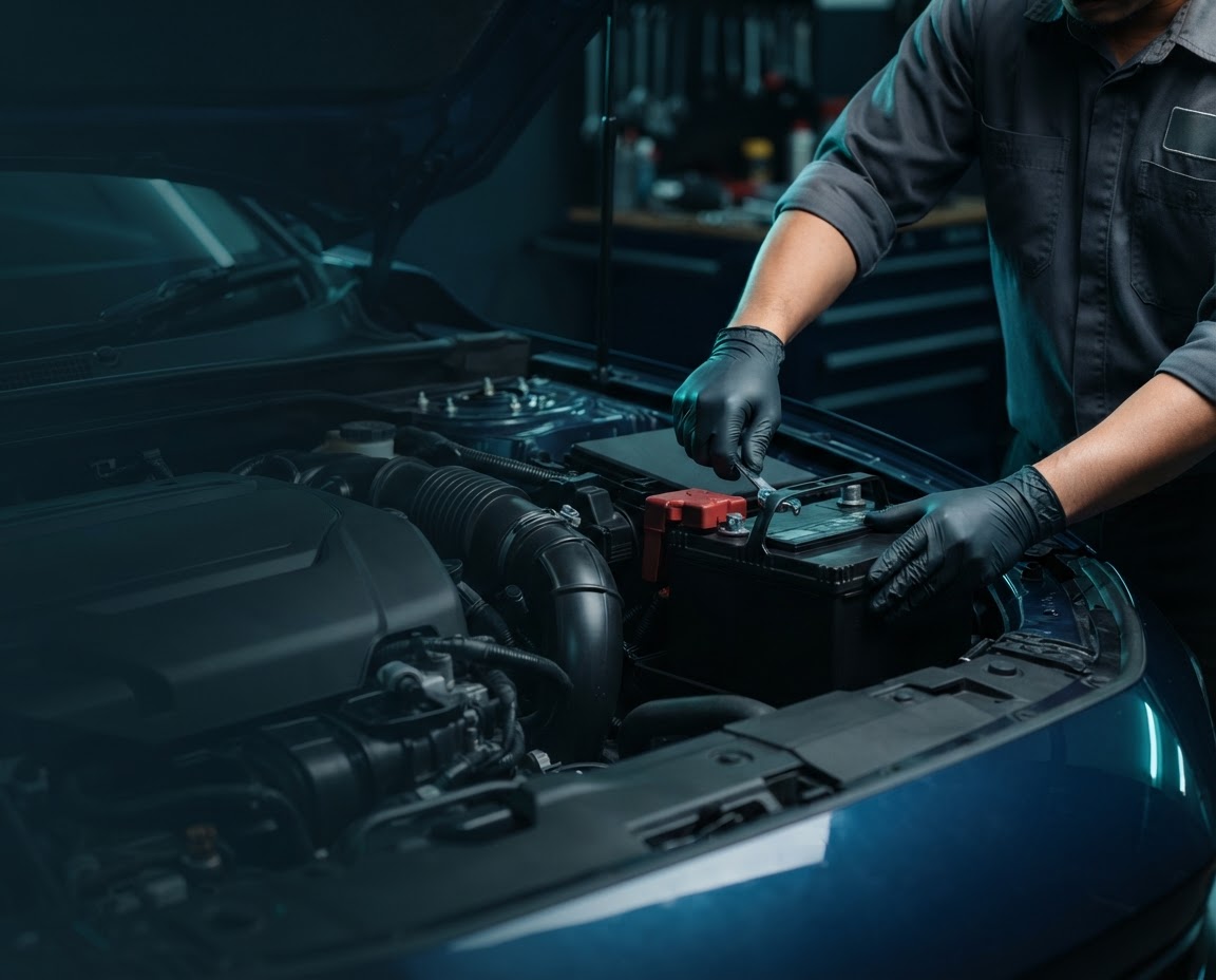 Technician installing a battery in a car engine bay