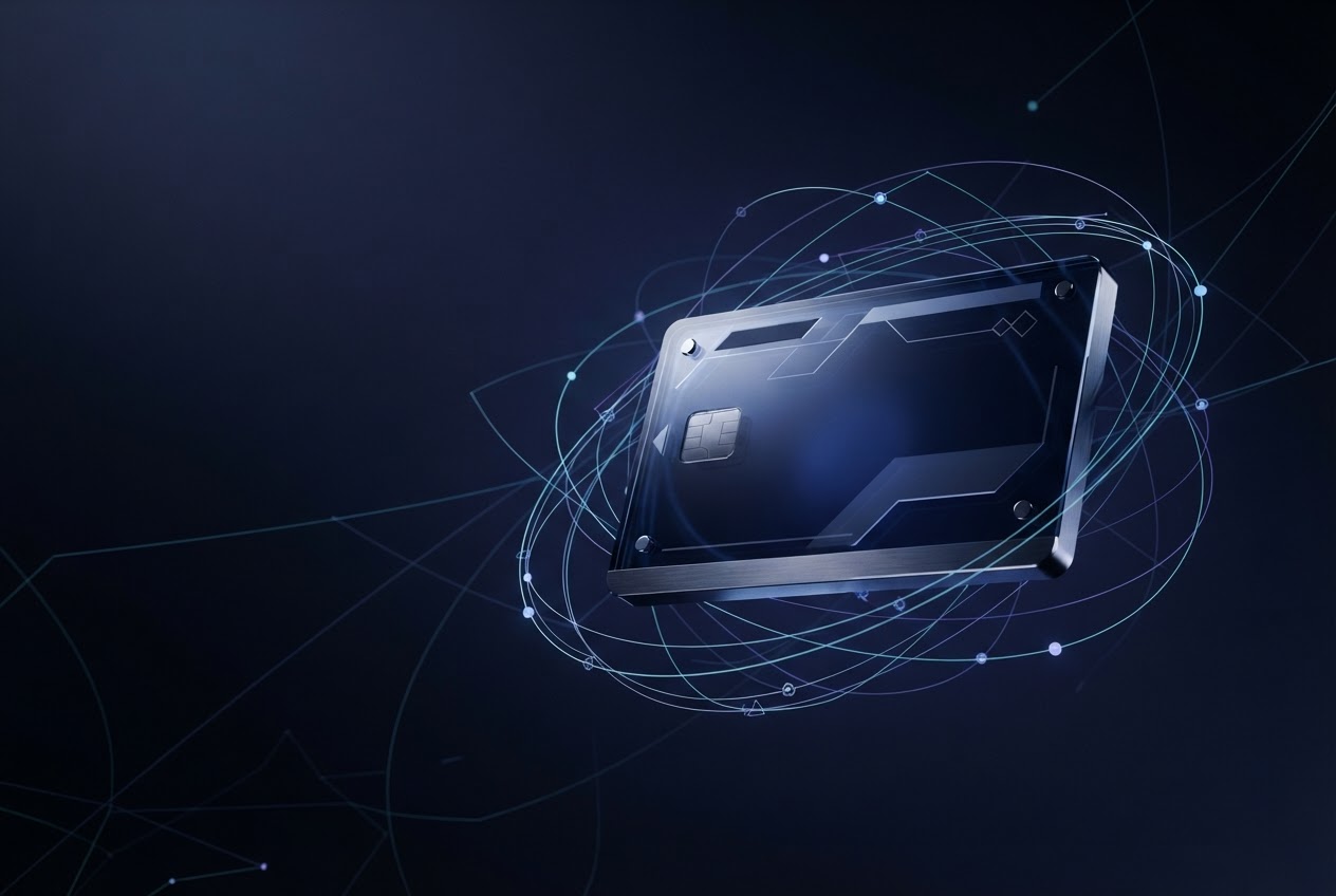 Abstract glass wallet surrounded by glowing Cardano-inspired network lines
