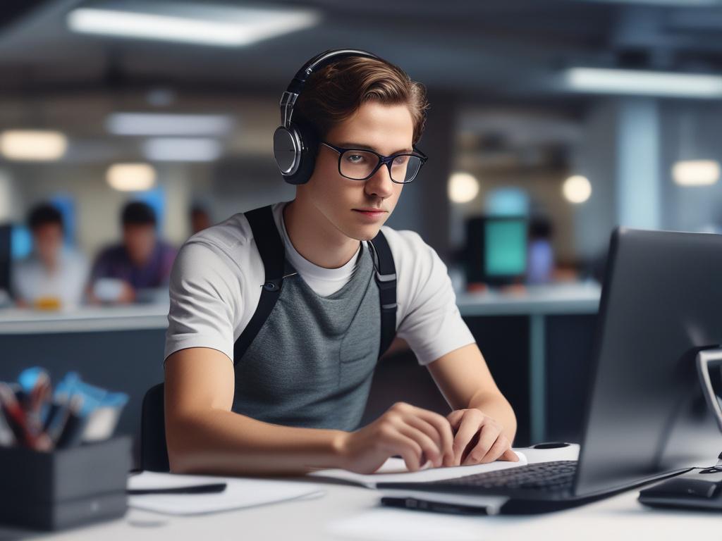 close up shot of a young intern working on AI