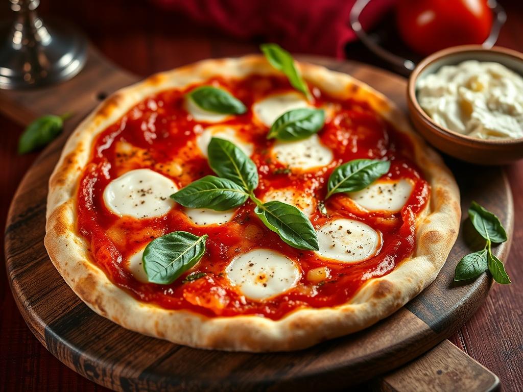 A classic Margherita pizza with a thin crispy crust, topped with fresh mozzarella cheese, vibrant tomato sauce, and green basil leaves. The pizza is placed on a rustic wooden board, with a dark red background enhancing its colors.