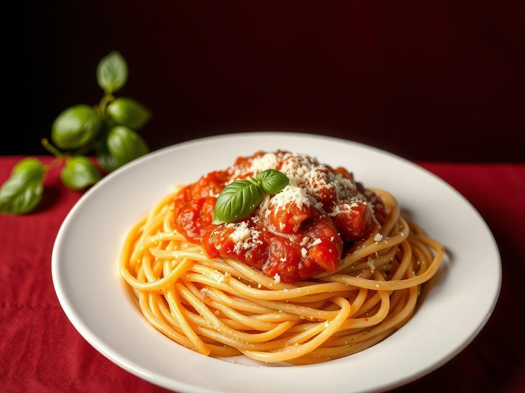A beautifully plated serving of Pasta al Pomodoro on a white plate, garnished with fresh basil and grated parmesan. The pasta is perfectly cooked, glistening with a rich tomato sauce, set against an elegant dark red background.