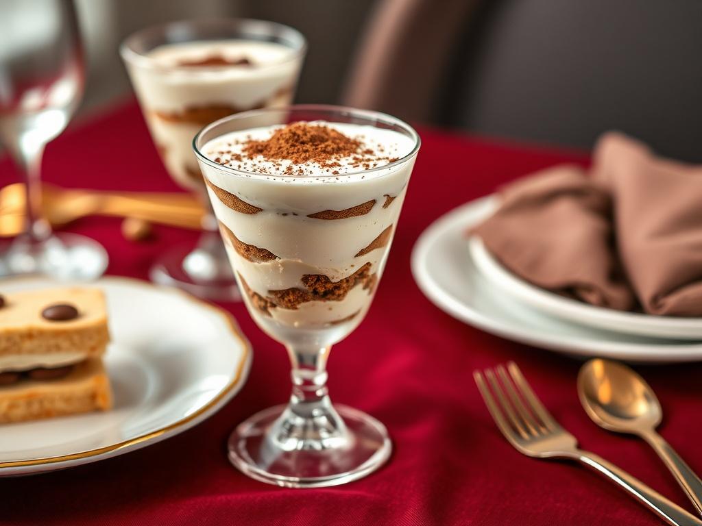 A beautifully layered Tiramisu served in a glass, showcasing the distinct layers of mascarpone, coffee-soaked ladyfingers, and a dusting of cocoa powder on top. The glass is placed on a stylish dark red tablecloth, enhancing the dessert's elegance.