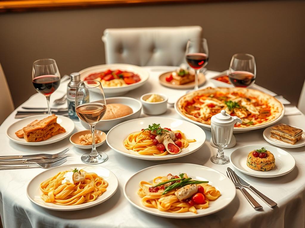 A realistic high-resolution photo of a beautifully arranged Italian dining table with exquisite dishes including pasta, pizza, and desserts. The setting should have elegant tableware, soft lighting, and a sophisticated color palette featuring white, gold, and deep red. The background should be subtle and inviting, enhancing the atmosphere of an upscale Italian restaurant.