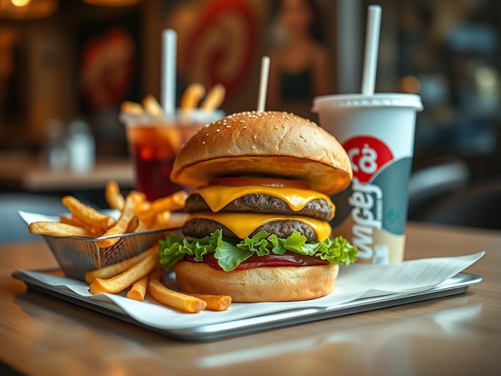 A close-up shot of a beautifully arranged fast food meal, including a burger, fries, and a drink, on a clean, simple table setting. The background is softly blurred to emphasize the meal, with warm lighting to create an inviting atmosphere.