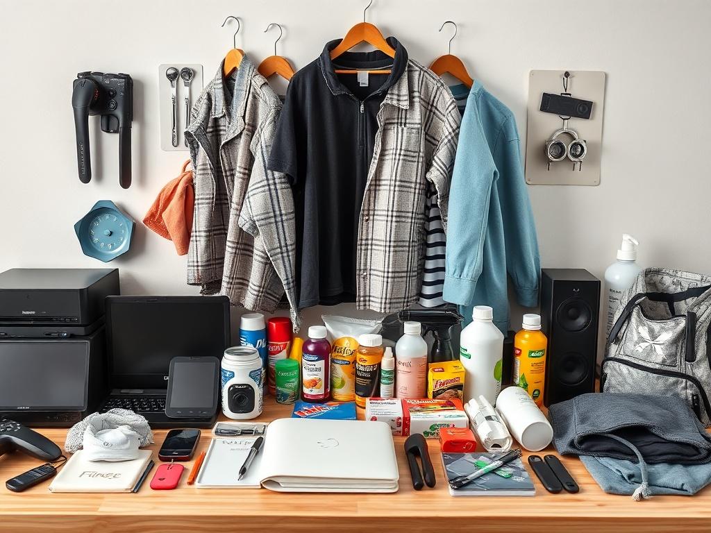 A clean, close-up shot of an array of general merchandise items including electronics, clothing, and household essentials, arranged neatly on a simple table. The background is minimalistic to keep the focus on the products.