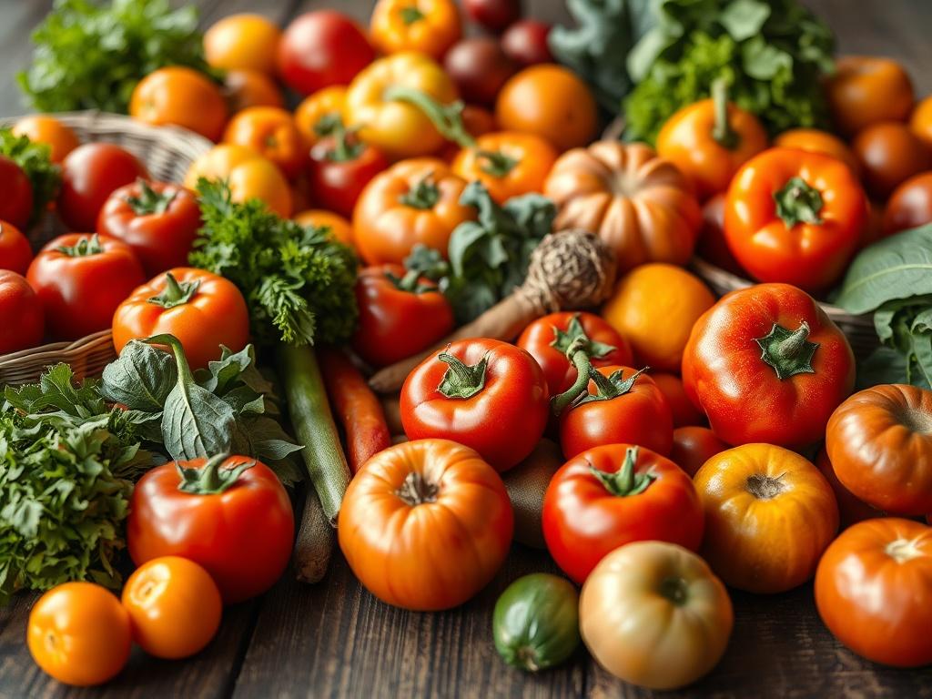 A vibrant, close-up shot of a variety of fresh fruits and vegetables displayed on a rustic wooden table. The image features colorful produce such as tomatoes, peppers, oranges, and greens, with natural lighting highlighting their freshness.