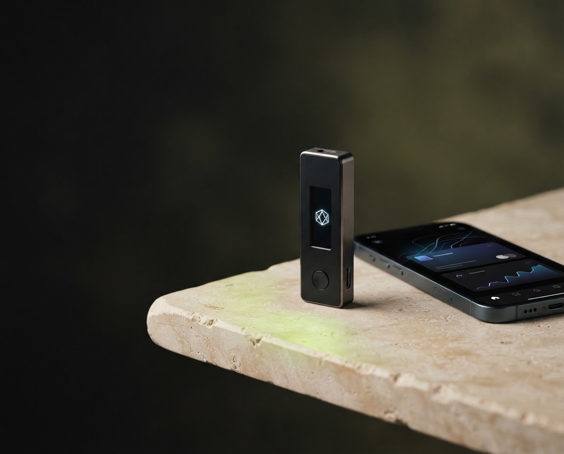 A hardware wallet beside a smartphone displaying a digital wallet