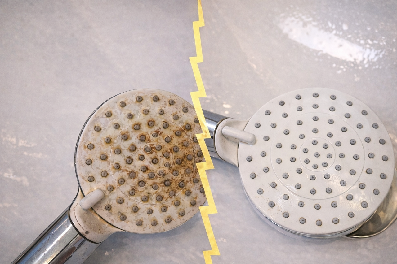 <strong>Zuhanyfej tisztítása gőztisztítóval – előtte és utána.</strong> A vízkő és a lerakódások eltávolítása után a zuhanyfej újra egyenletesen működik.