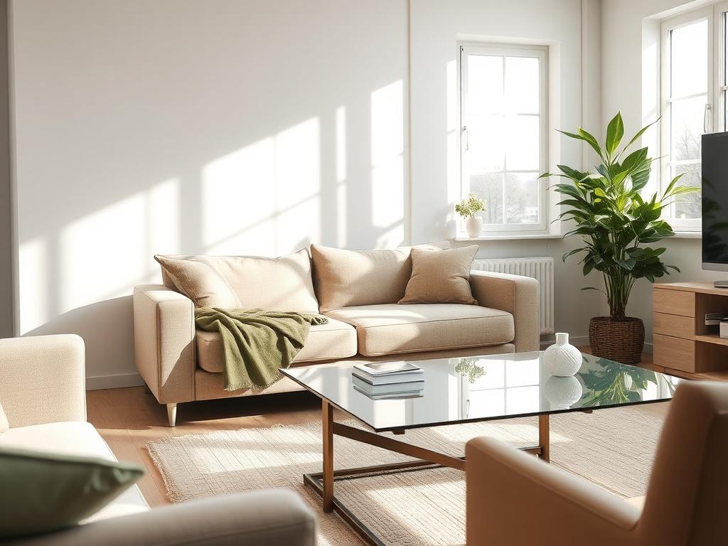 A clean, bright living room with a comfortable sofa and a neatly arranged coffee table. The room is well-lit by natural sunlight streaming through a large window, highlighting the cleanliness and order. A potted plant adds a touch of greenery in the corner. The overall atmosphere is inviting and serene, reflecting a well-maintained home.