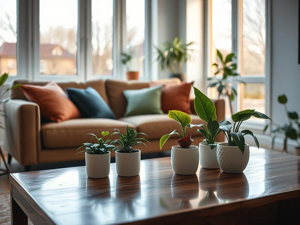 Create a realistic high-resolution photo that represents the blog titled "A lakástakarítás előnyei." The composition should focus on a single subject: a sparkling clean living room area, showcasing the transformative impact of professional cleaning. 

In the foreground, place a well-maintained, plush couch adorned with colorful cushions, inviting and cozy. Adjacent to it, feature a beautifully polished coffee table with a few elegantly arranged houseplants, enhancing the sense of freshness and tranquility i