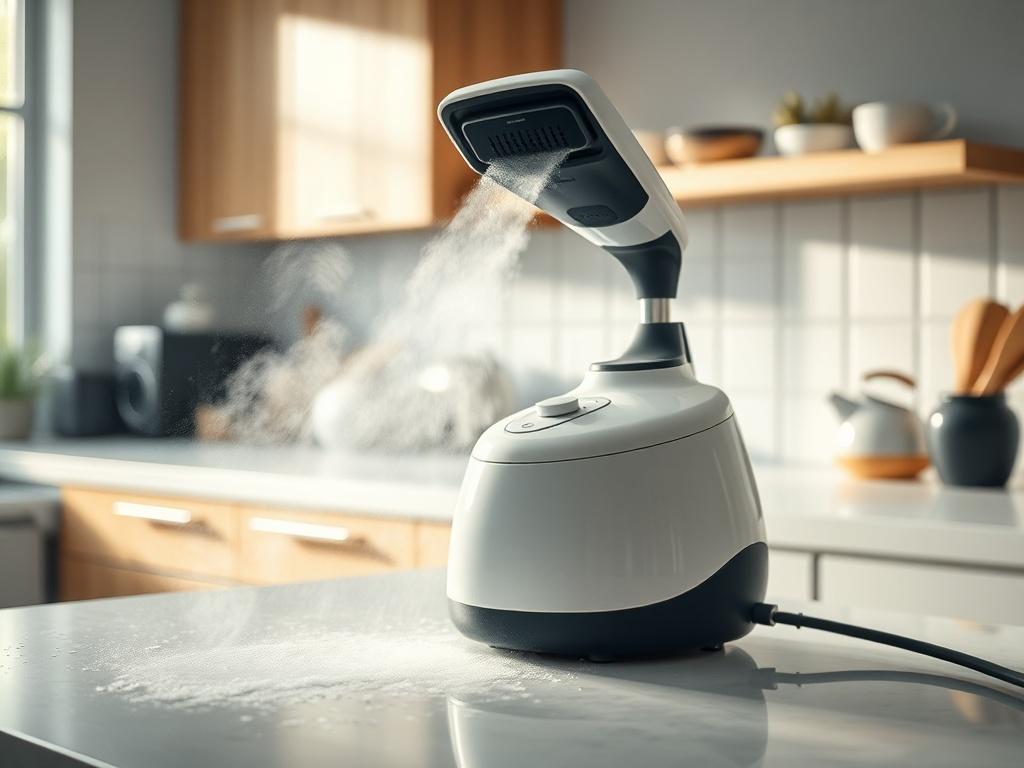 A steam cleaning machine in action, effectively cleaning a kitchen