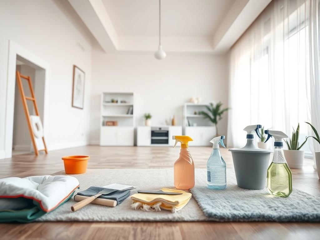 A spacious room being cleaned thoroughly, with cleaning tools and