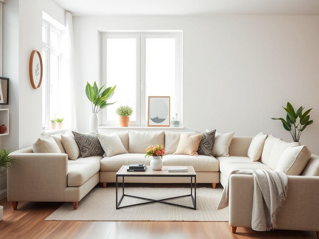 A clean and tidy living room with a plush sofa, a coffee table, and a bright window letting in natural light. The room appears fresh and inviting, showcasing a beautifully organized space with minimal decorations, emphasizing cleanliness and comfort. Shot with a 45mm f/1.2 lens.