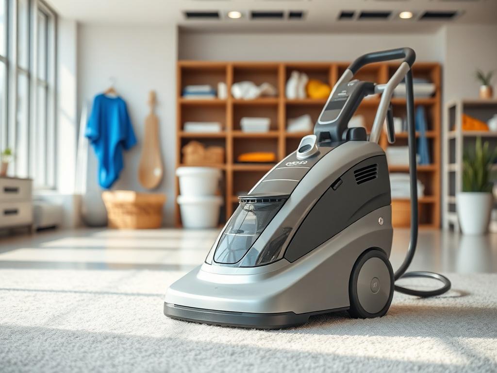 A sleek and modern carpet cleaning machine on display in a clean and bright room. The machine is ready for rental, emphasizing its effectiveness and ease-of-use. The background includes cleaning supplies neatly arranged, showcasing a tidy environment. Shot with a 45mm f/1.2 lens.