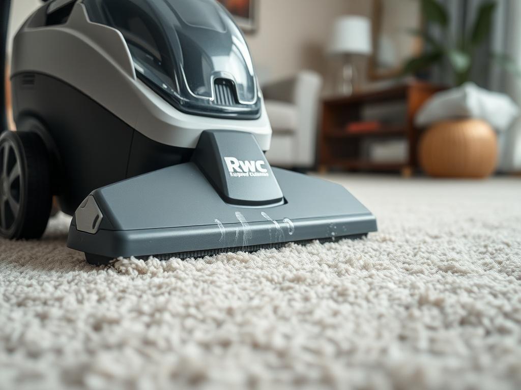 A close-up of a professional carpet cleaning machine in action, focusing on a plush carpet being cleaned. The machine is powerful and sleek, showing water and cleaning solution being applied. The background is a well-lit room with hints of furniture, emphasizing the cleaning process. Shot with a 45mm f/1.2 lens.