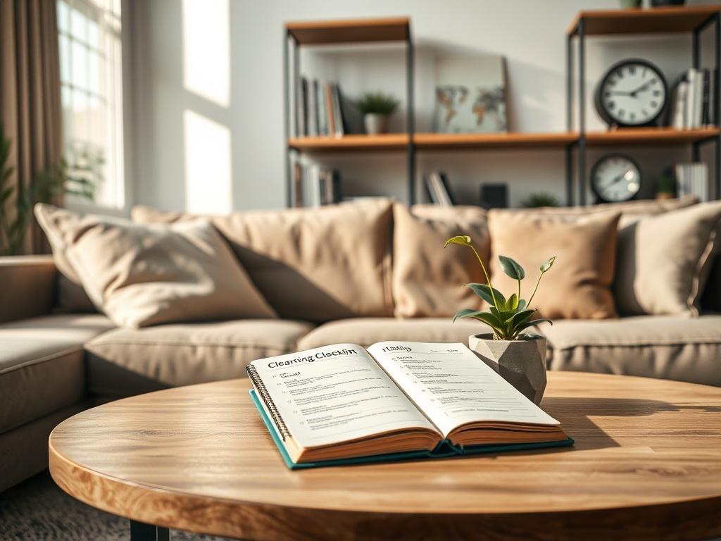 Create a realistic high-resolution image that embodies the theme of the blog titled "Takarítási Tippek a Zsúfolt Élethez." The composition should focus on a single subject: a modern, cozy living room space that reflects a busy lifestyle yet appears clean and organized. 

The central subject will be a neatly arranged coffee table, adorned with a small potted plant and an open notebook featuring a cleaning checklist, suggesting practical tips for quick cleaning. The coffee table should be placed in front of a