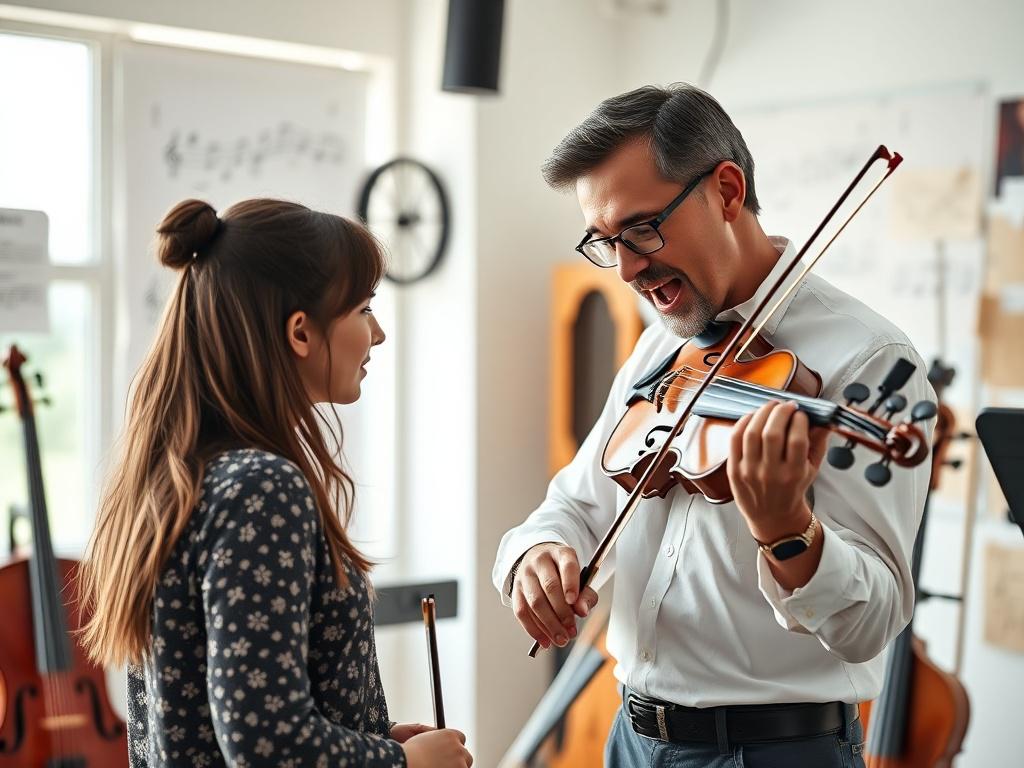 A close up shot of a violin instructor engaged in
