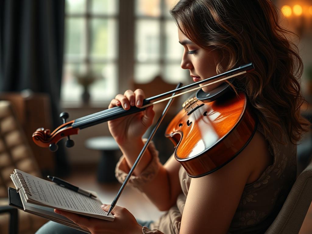 A high resolution image of a violinist in a thoughtful