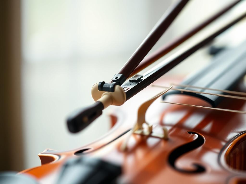 An elegant close up of a violin bow poised above