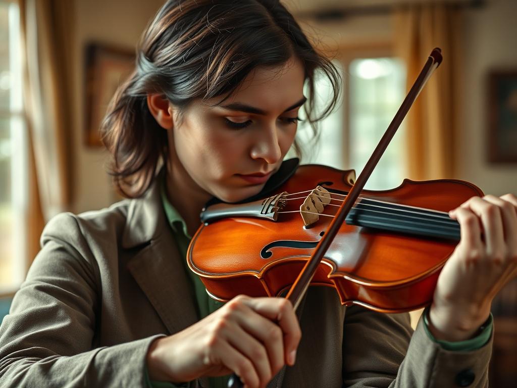 A close up shot of a violinist in a warm,