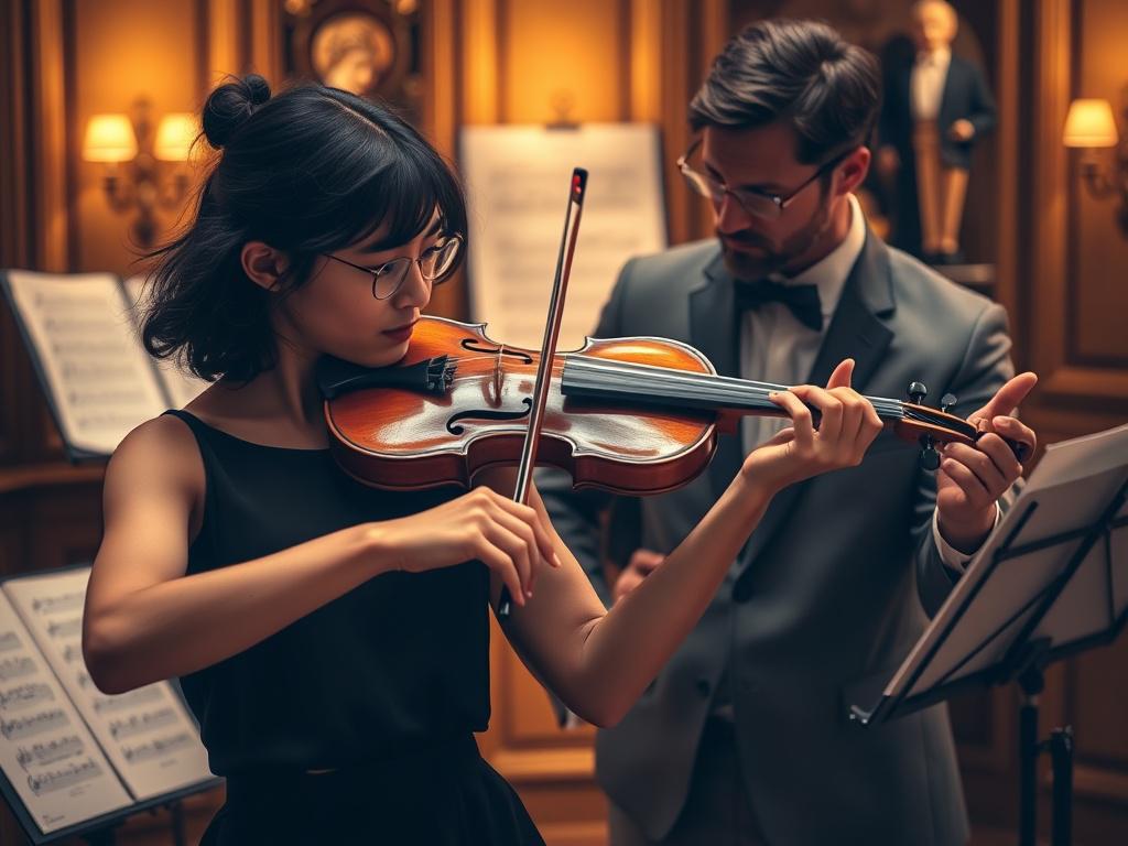 A dedicated violinist practicing under the guidance of a mentor in an elegant studio. The student is mid-performance with the violin, while the mentor gestures supportively. Warm, dramatic lighting highlights the intensity and focus. The background showcases sheet music and a music stand, creating a professional yet inspiring atmosphere. The overall feel of the image is artistic, premium, and transformational, symbolizing personalized coaching and rapid growth.