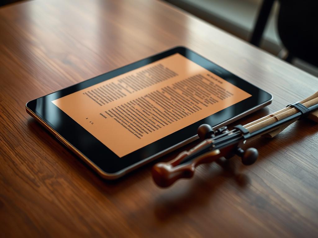 A beautifully designed digital book displayed on a modern tablet lying on a polished wooden table. The scene is softly illuminated with warm tones, creating an inviting atmosphere. Next to the tablet, a violin scroll and bow rest gently, emphasizing the connection to the art of violin playing. The image captures an elegant, professional, high-resolution feel with minimal background distractions, focusing on the tablet and violin to convey expertise, prestige, and accessible learning.