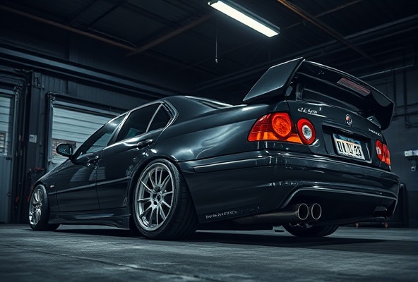 Modified performance car in garage