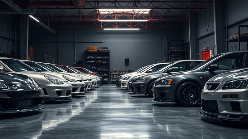 Row of performance cars in garage