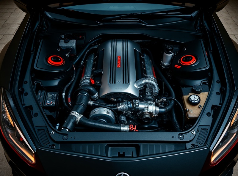 Performance car engine bay with turbocharger