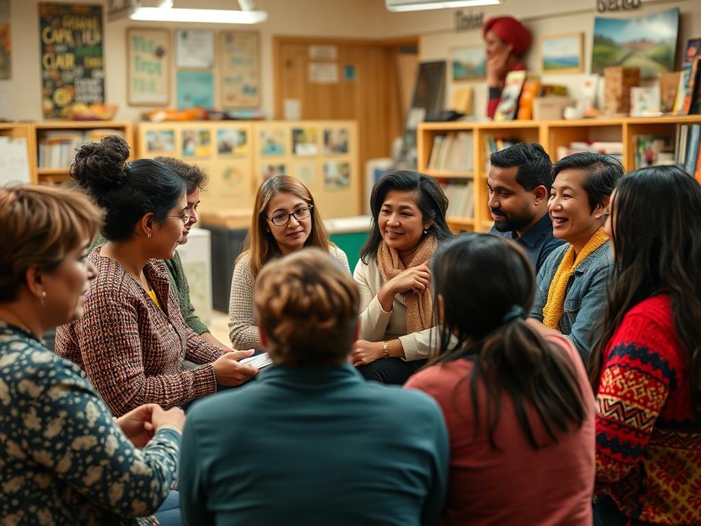 A diverse group of people in a community workshop setting,