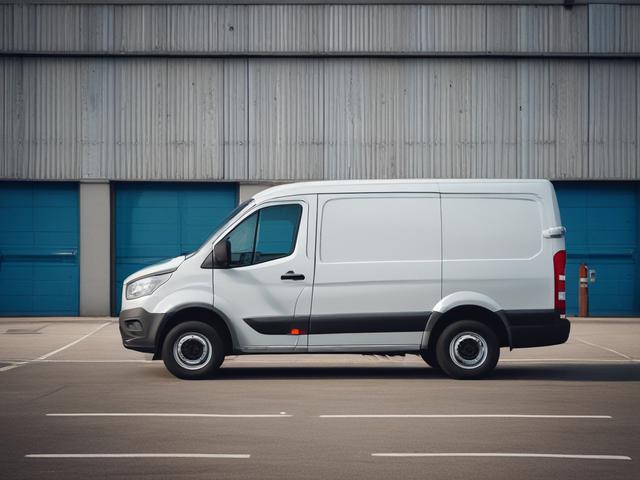 a close-up shot of a modern delivery van parked in front of a warehouse, with a clear blue sky in the background, shot with a 45mm f/1.2 lens