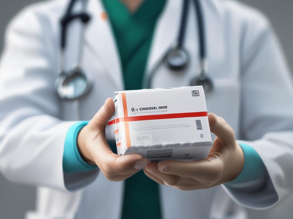 a close-up shot of a medical courier holding a medical package, wearing gloves, in a clinical setting, shot with a 45mm f/1.2 lens