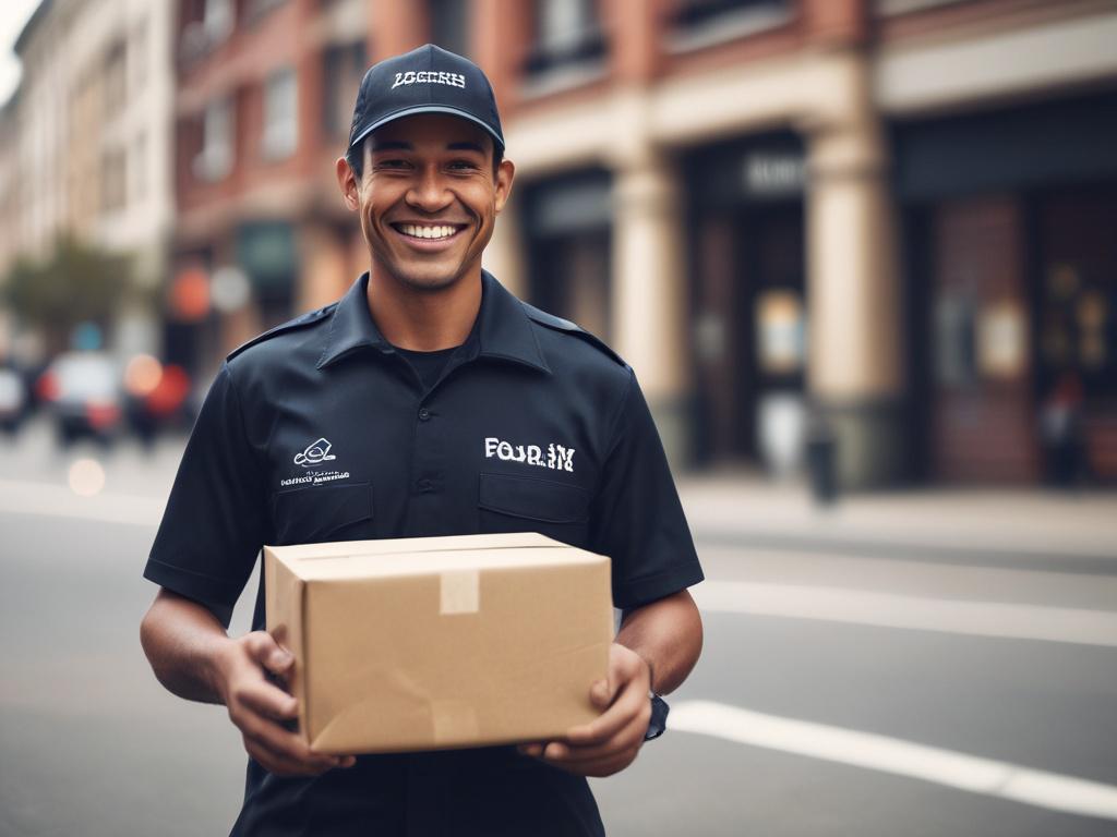 a close-up shot of a delivery person in uniform holding a parcel, smiling, with a blurred city backdrop, shot with a 45mm f/1.2 lens