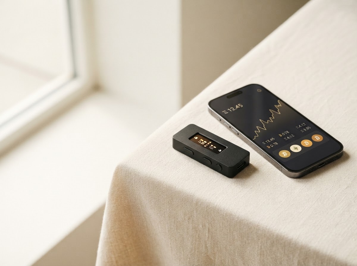 A black hardware wallet and a smartphone with a minimal portfolio chart on a warm ivory background